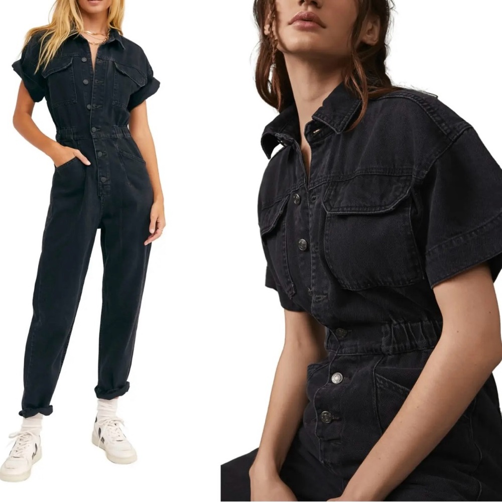 We The Free Black Short-Sleeve Denim Jumpsuit